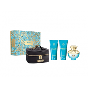 Set Cadou Versace Dylan Turquoise EDT 100 ml + Loțiune de corp 100 ml + Gel de duș 100 ml + Geantă Cosmetică