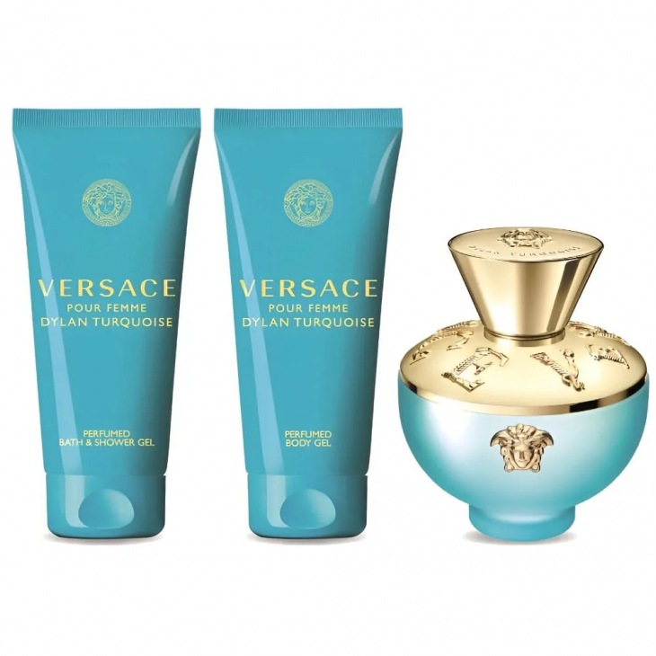 Set Cadou Versace Dylan Turquoise EDT 100 ml + Loțiune de corp 100 ml + Gel de duș 100 ml + Geantă Cosmetică