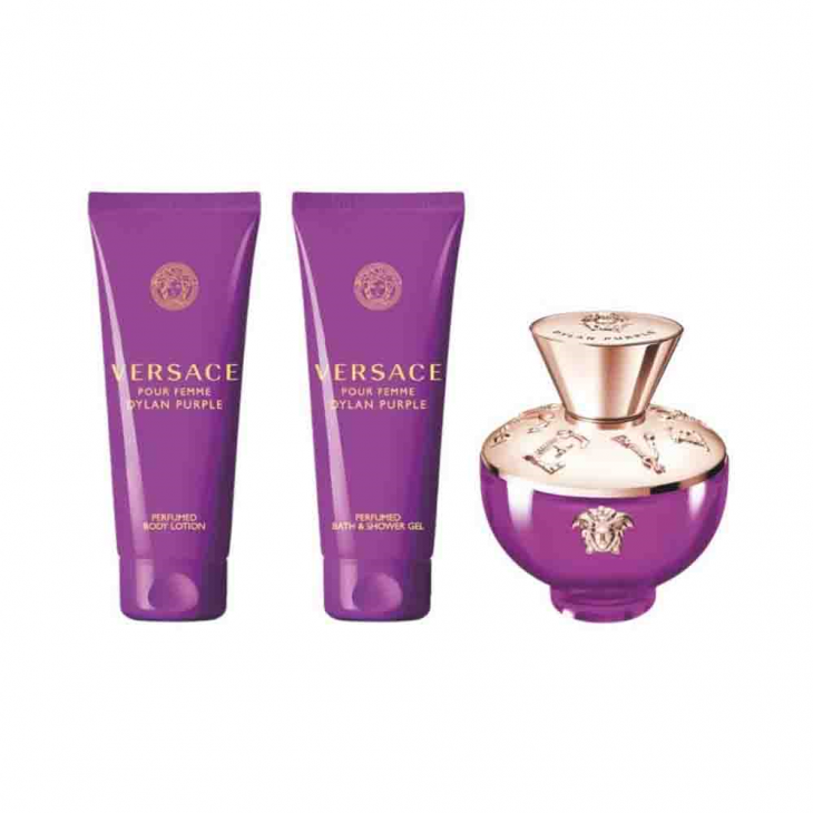 Set Cadou Versace Dylan Purple EDP 100 ml + Loțiune De Corp 100 ml + Gel De Duș 100 ml + Geantă Cosmetică