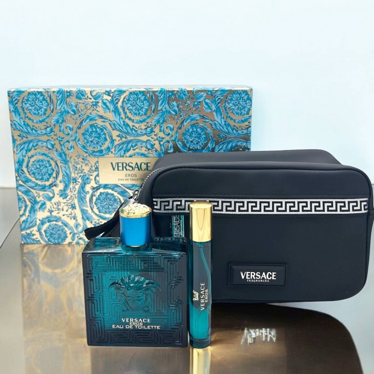  Set Cadou Versace Eros Pour Homme EDT 100ml + Travel Spray 10ml + Geantă Cosmetică