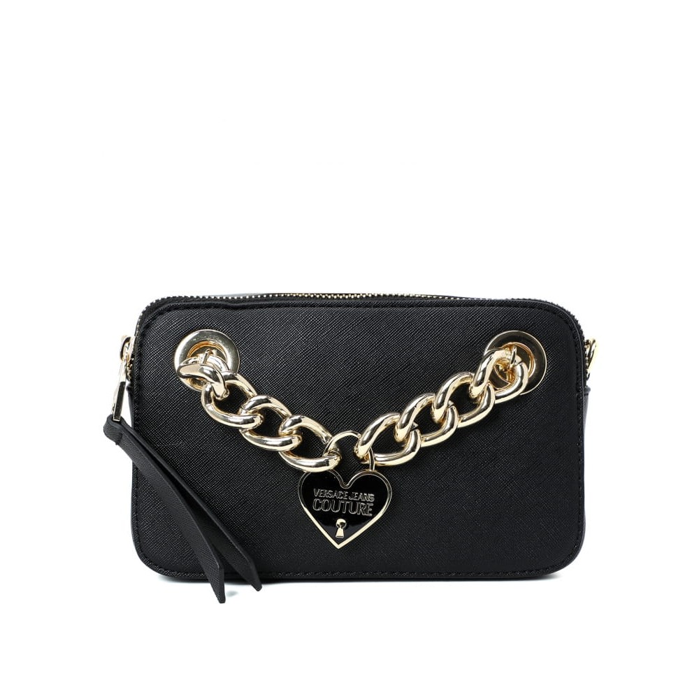 Versace Jeans Couture, Geanta crossbody din piele ecologica cu detaliu din lant, Negru